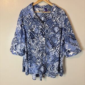 Catherines Blue Button Up Top Geometric Lace Back 3/4 Sleeve Shirt 3XW P…